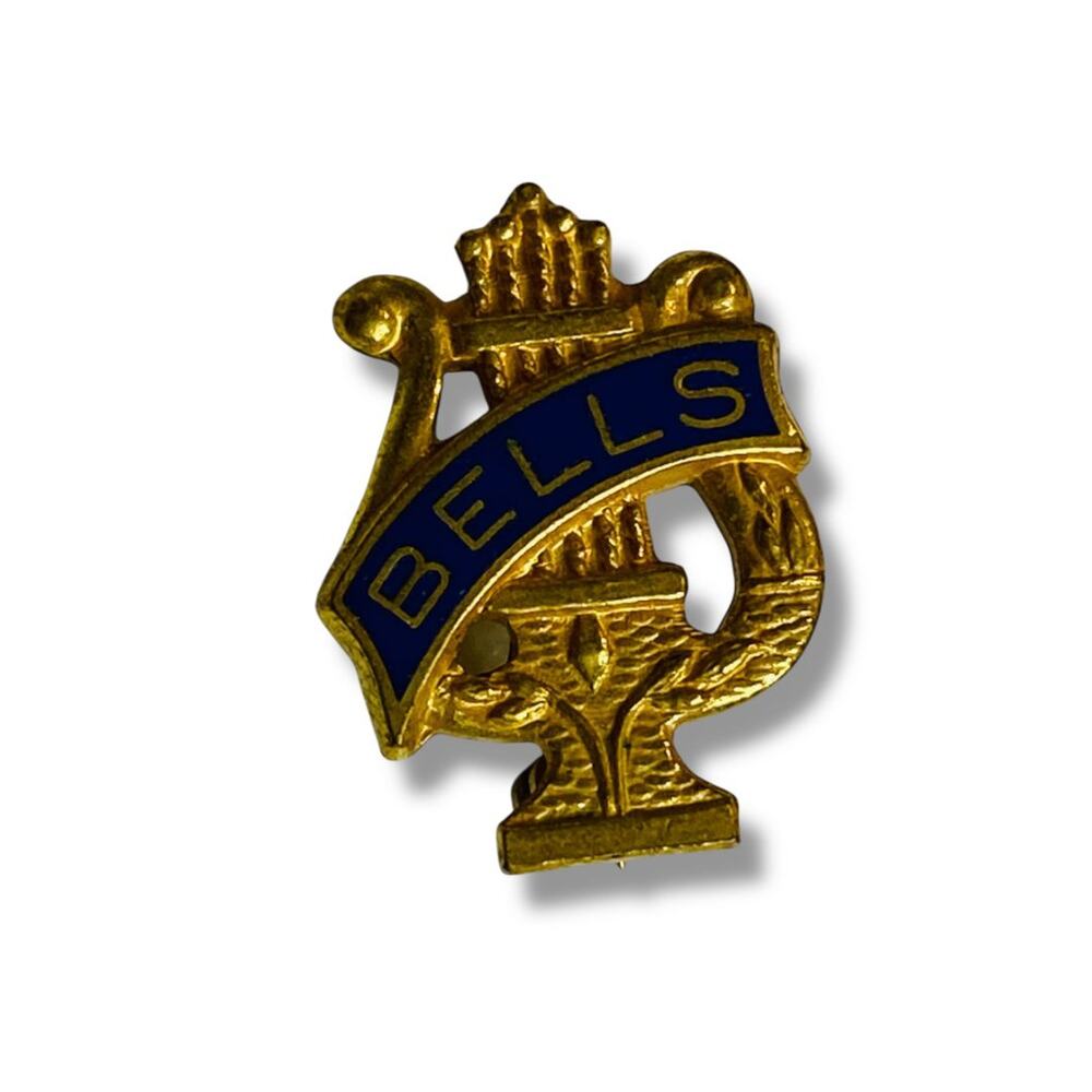 Vintage Music Lapel Pin Bells Lyre Goldtone Blue .7"